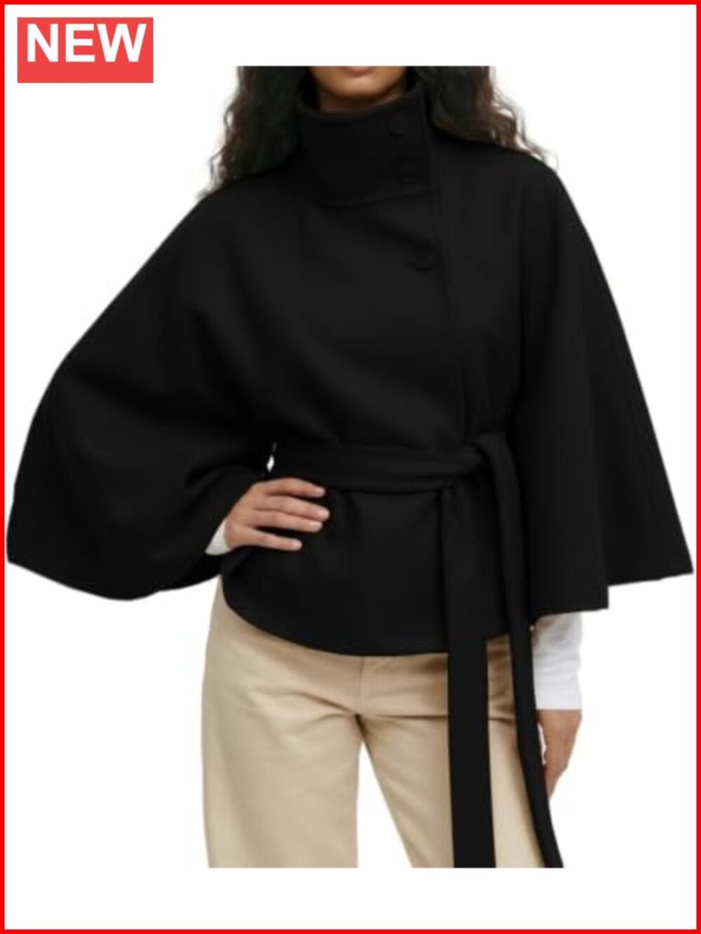 Batwing sleeve wool blend cape coat poncho